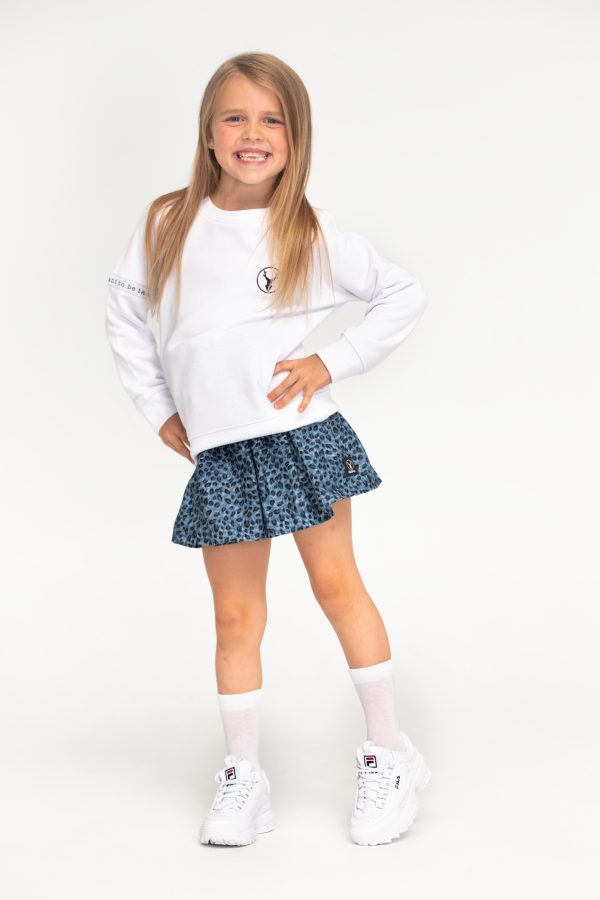 wildones sweater meisjes wit paperbagskirt luipaard blauw 1